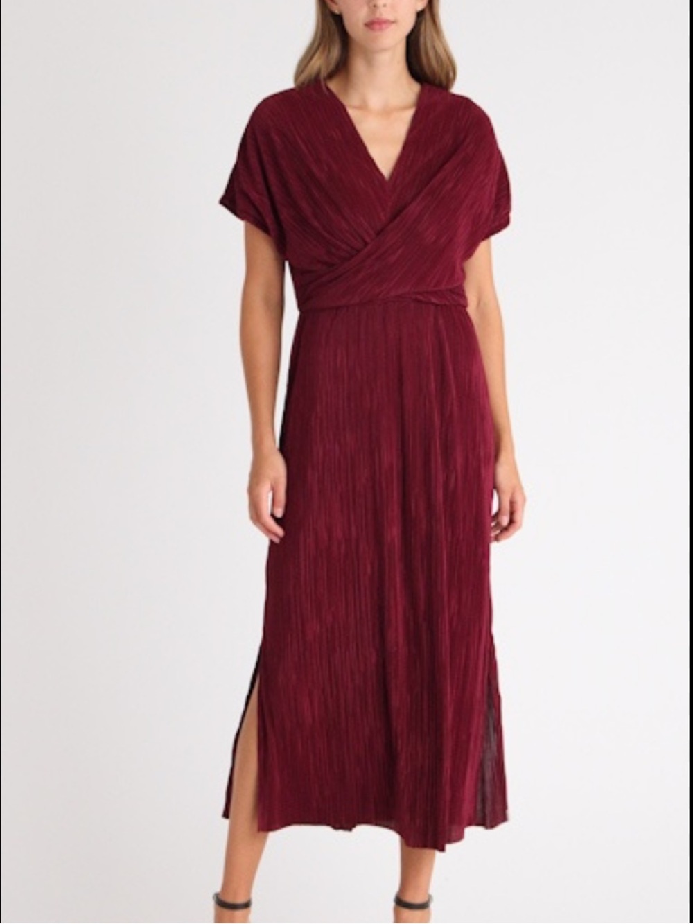 Anne Klein Burgundy Twist Front Plissé Pleated Midi Dress Women’s Sz M - Picture 2 of 13